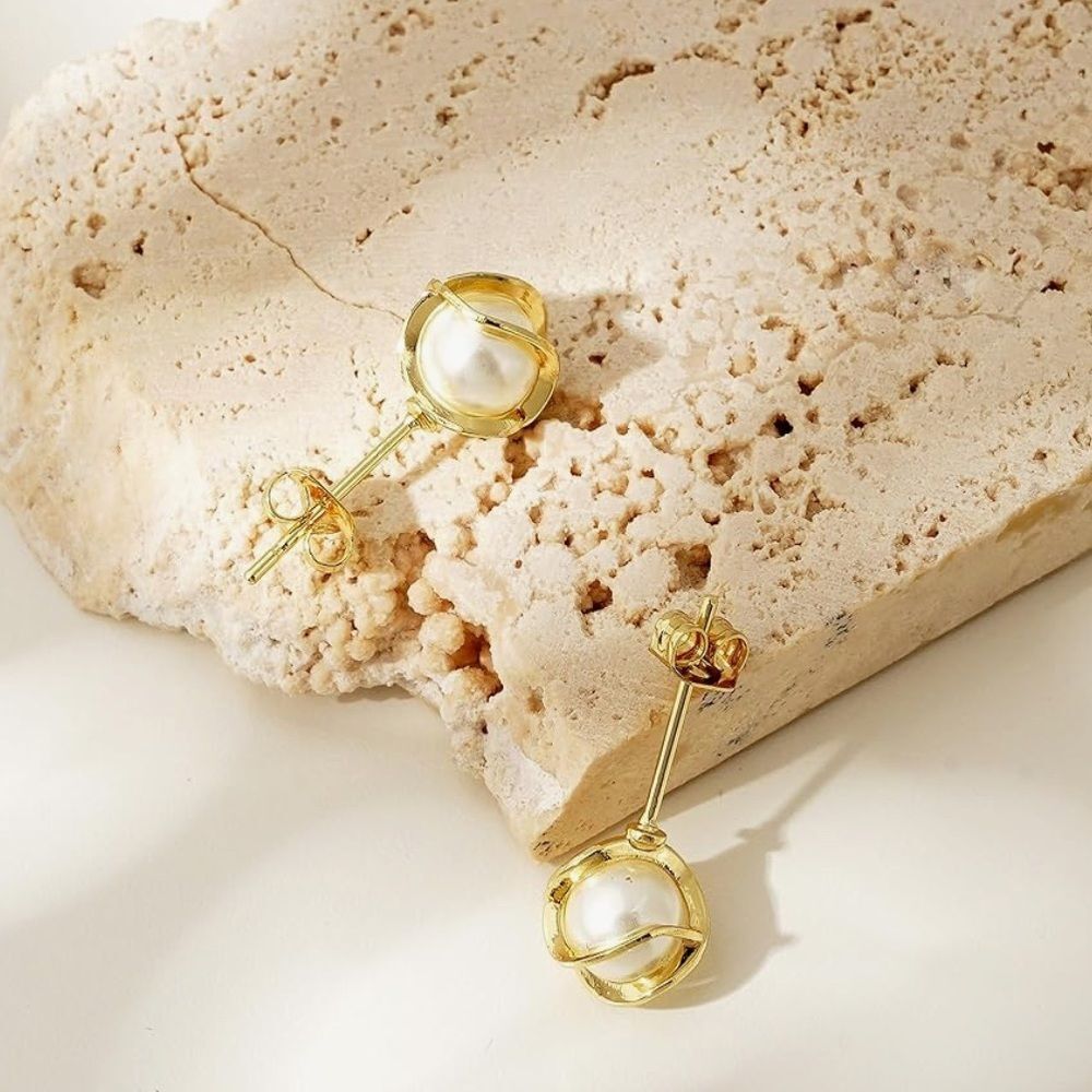 NEW 14K Gold Plated Hypoallergenic Pearl Stud Earrings